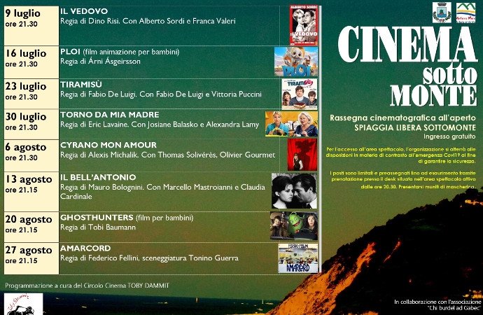 Gabicce Mare: Cinema Sottomonte. Tutti i giovedì dal 9 luglio al 27 agosto 2020